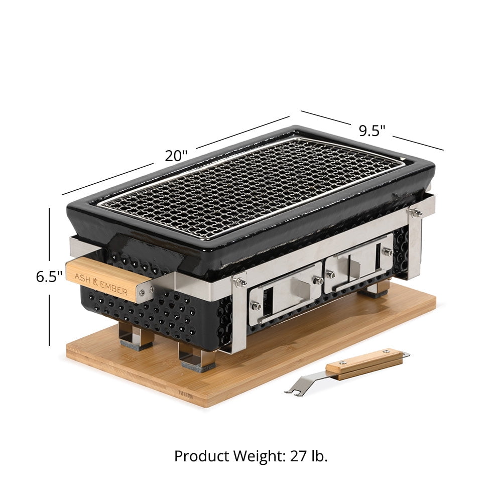 Ash & Ember 16" Hibachi Tabletop Grill And Skewer Set, Ceramic Charcoal Grill