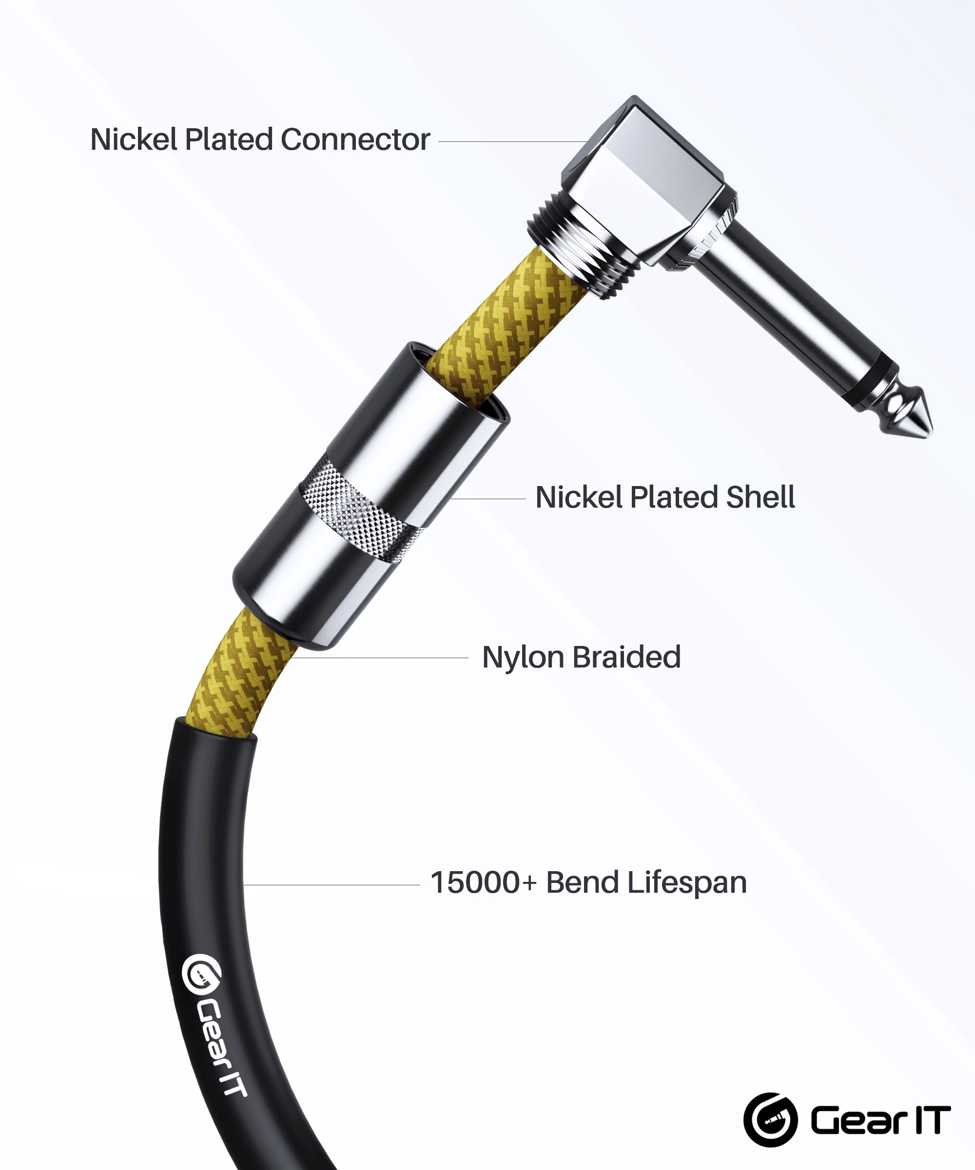 GearIT Audio Instrument Cable (20ft) Right Angle to Straight 1/4 Inch Male to Male for AMP Cord, Base and Electric Guitar - Brown/Yellow