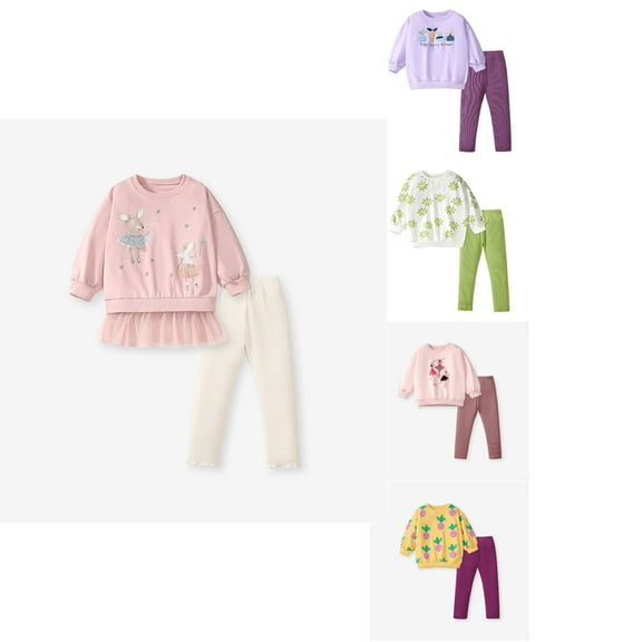 Ahuyic Toddler Kids Casual Fashion Outfits, Autumns And Winter Solid Color Top And Pants Set For Kids, Kids Spring And Autumns Print Round Neck Long Sleeved Elastic Waist Long Pants Two-piece Set