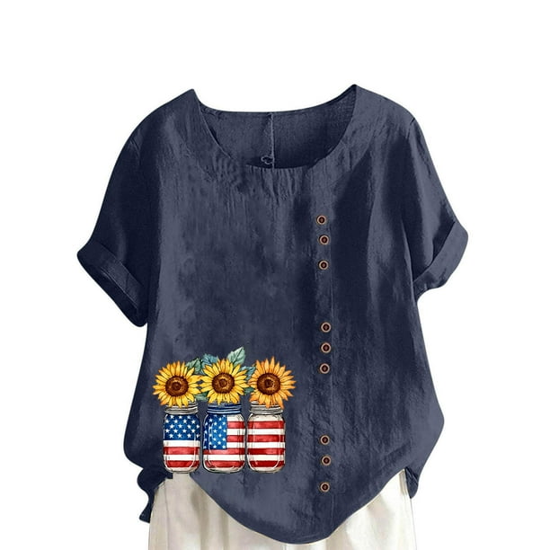 Vestidos Casuales Para Mujer, Blusas De Mujer De Moda Blusa informal de lino con botones y manga corta estampada para mujer