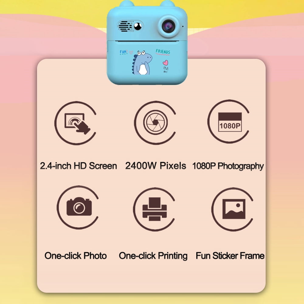 Camera 1080P  Print Camera Portable Mini Photo Printer For Children With 1200W Camera 2.4'' Screen With 1 Print Paper Roll Suitable For Journal Notes Memo Birthday Gift