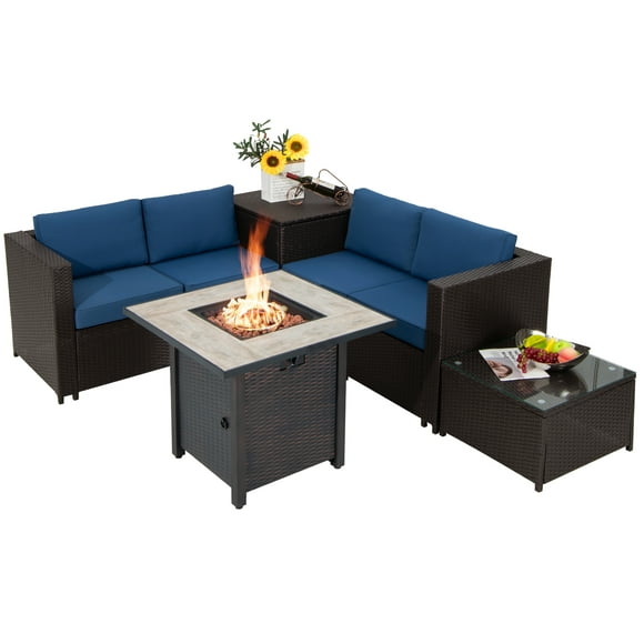 Topbuy 5-Piece Patio Furniture Set with 30 Inches Gas Fire Pit Table Outdoor PE Wicker Conversation Sectional Sofa Set with Cushions Navy