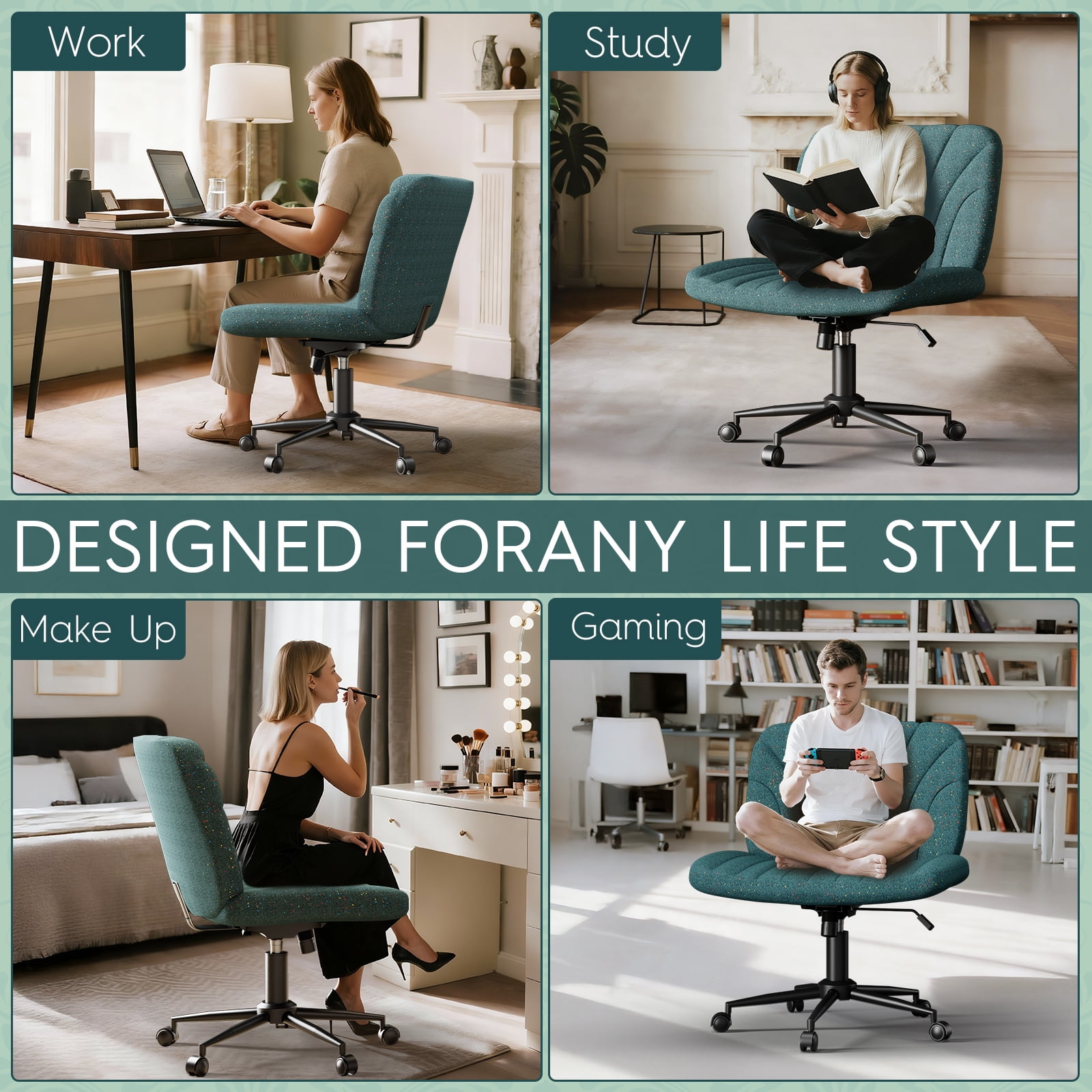 Luxvie Criss Cross Chair with Wheels, Ergonomic Office Cross Legged Swivel Chairs for Adult with Thick Cushion, Oversized Wide Seat Office Desk Comfy Chair for Home Office Vanity Apartment, Green