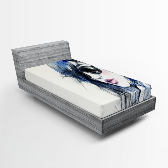 Ambesonne Abstract Fitted Sheet, Watercolor Woman Image, Twin XL Size, Coconut Blue and Black