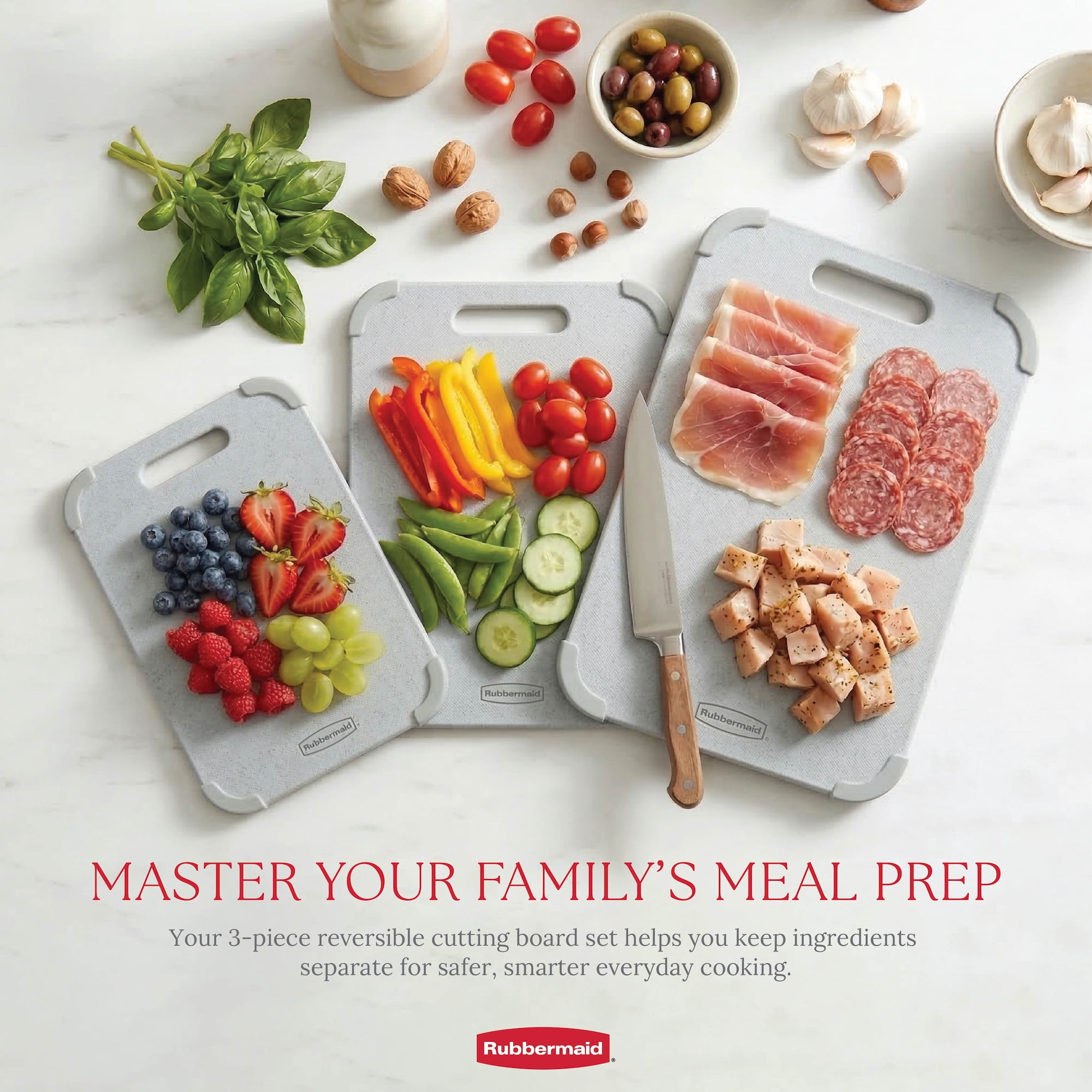 Rubbermaid 3-Piece Wheat Fiber Cutting Board Set with Non-Skid Corners, Light Gray