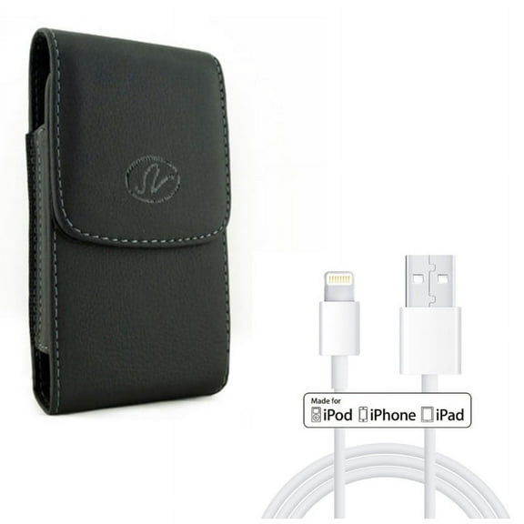 Leather Case Belt Clip w 3ft MFi USB Cable for #model_series - Holster Cover Pouch Vertical Carry and Certified Charger Cord Power Wire Fast Charge
