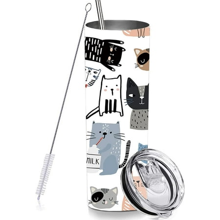 

Athenstics Cute Cat Skinny Tumbler Cup with Straw Lid 20 OZ Stainless Steel Insulated Vacuum Slim Travel Coffee Mug for Cat Lover Girls Women