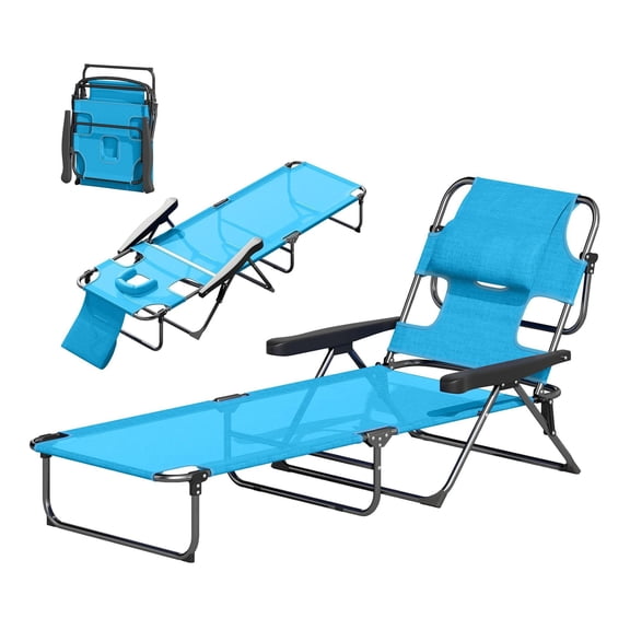 Folding Lounge Chair with Reclining Back - Light Blue - Portable Beach Chair, Adjustable Patio Chaise, Outdoor Sun Lounger