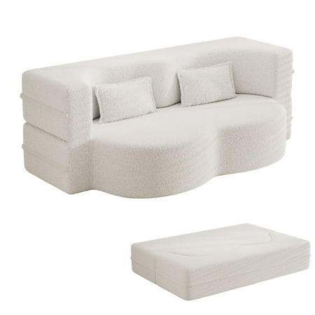 Aukfa 2-in-1 Convertible Couch Bed with 2 Pillows Folding Floor Couch 15 Full Size Bed Mattress Memory Foam Sleeper Sofa Bed White