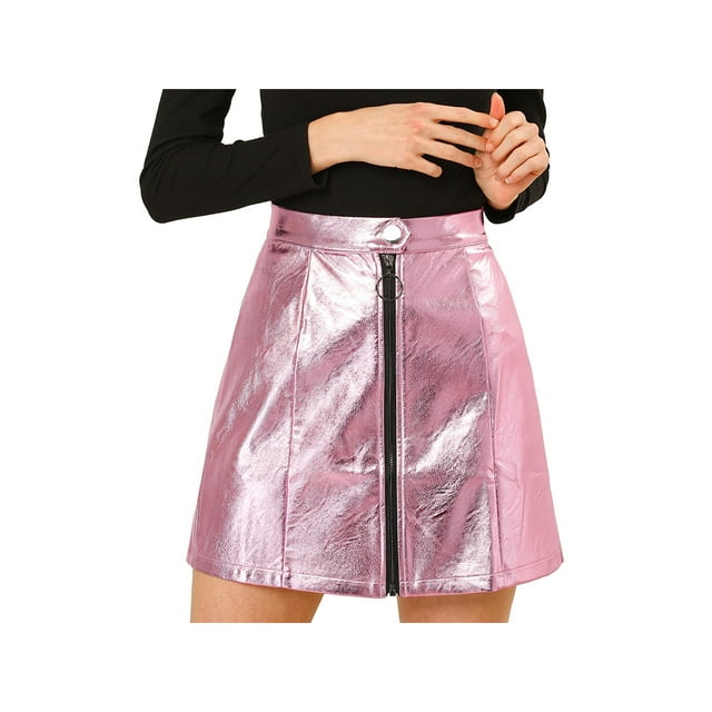 Unique Bargains Jupe Courte Mini Holographique Taille Haute à Fermeture Éclair Métallique devant pour Femme
