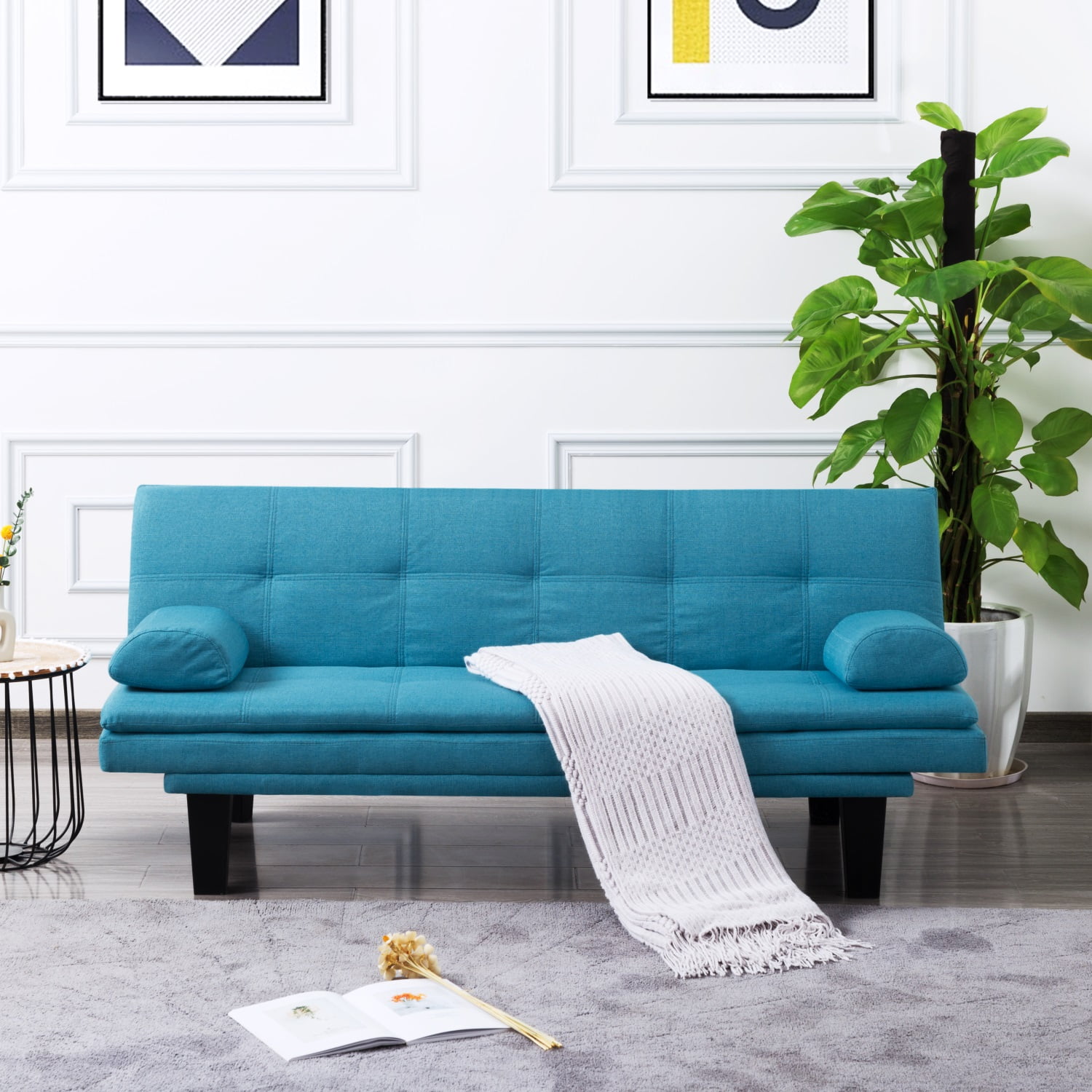 Kadyn 63.4" Futon Sofa bed, Polyester Upholstered Sofa bed with 2 arm cushions, Modern Futon Sofa bed for apartment, Blue