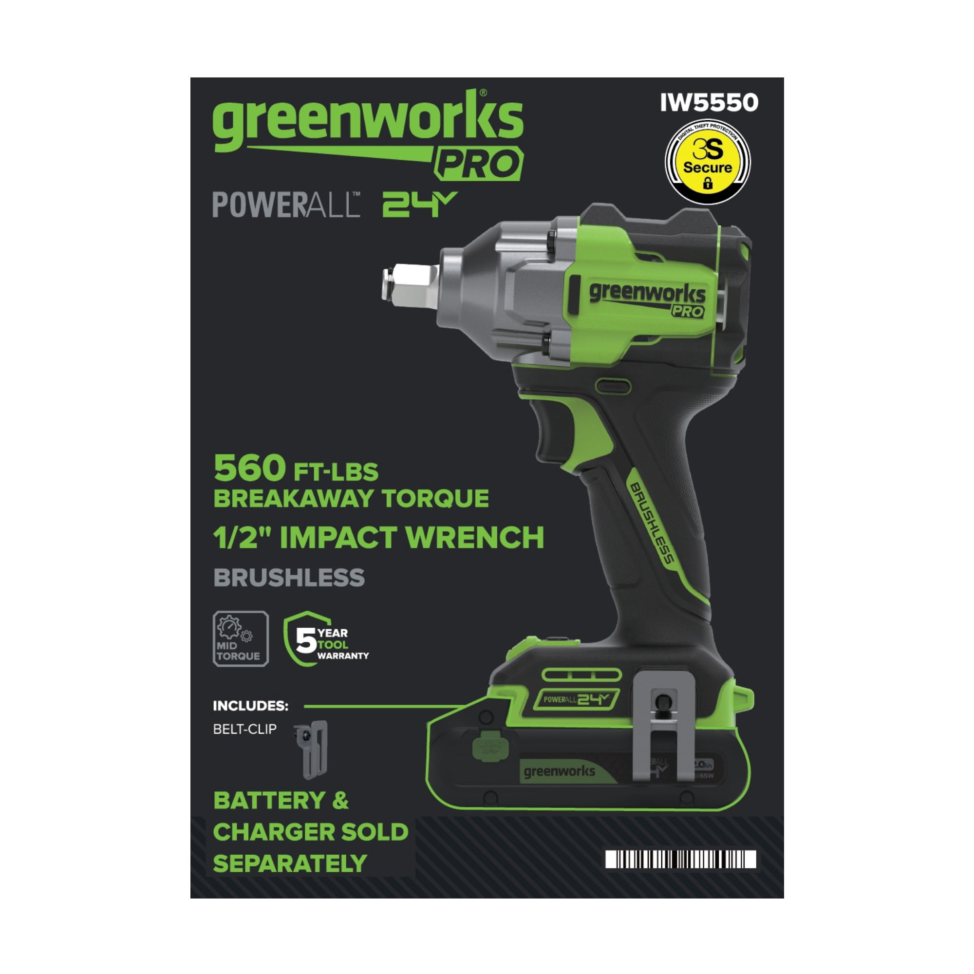 Greenworks Pro 24V 560 ft-lb Breakaway Torque 1/2" Impact Wrench, Tool Only IW5550A1