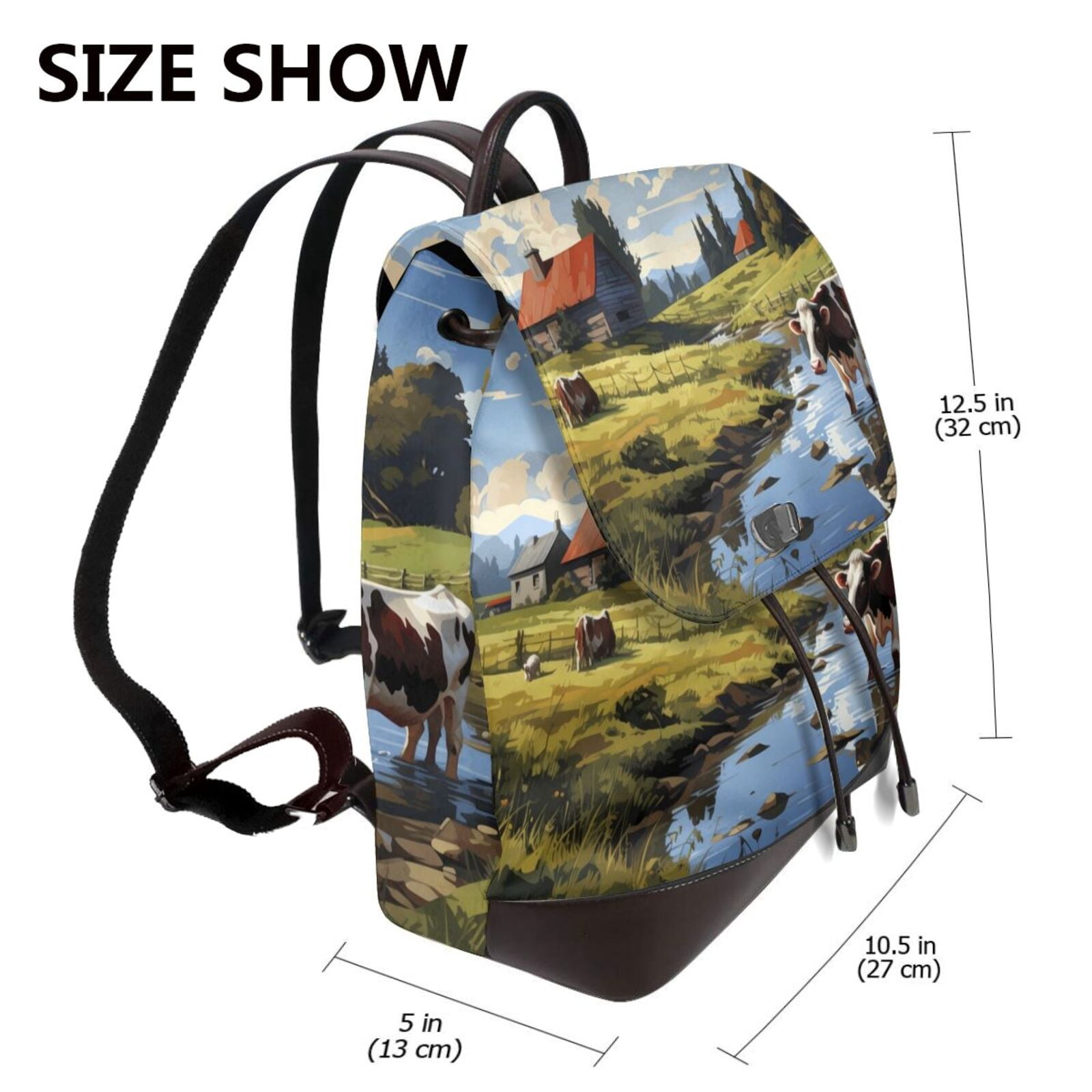 Xecao Pasture Cow A Print Large Backpack Soft Leather for Women Travel with Compartment, Adjustable Convertible Strap
