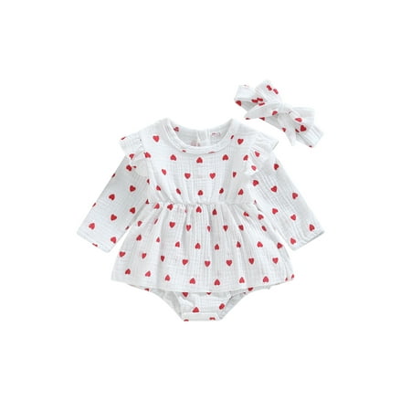 

Ma&Baby Toddler Baby Girls Cotton Romper Dress Infant Heart Print Long Sleeve Skirt Hem Jumpsuits with Headband
