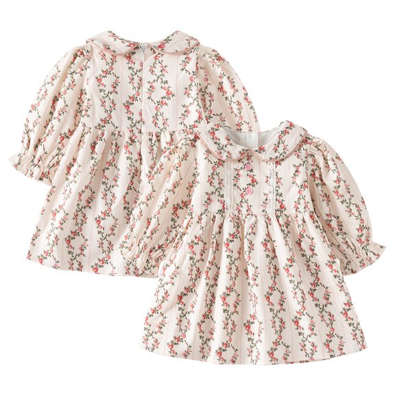 WOLLED 6M-3Y Baby Girls Casual Corduroy Dress Newborn Floral Peter Pan Collar Dresses Spring Fall Long Sleeve Loose A-Line Cotton Dress