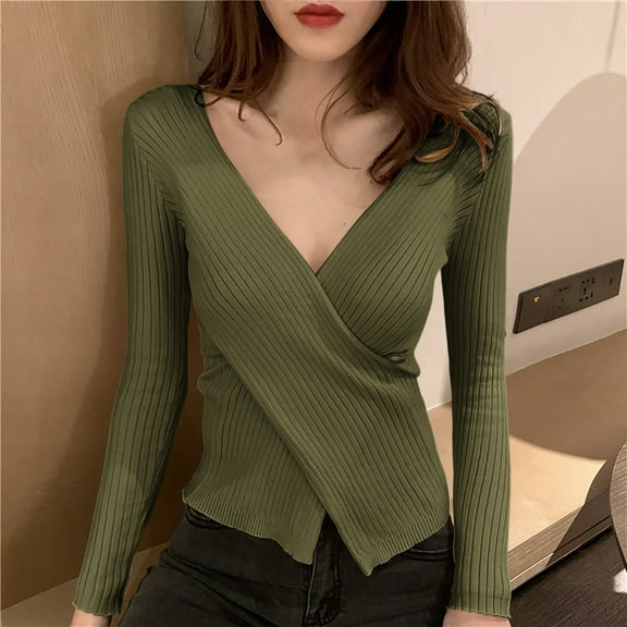 Qulqfy Green Sweaters Women Pullover V Neck Cozy Sweater Knit Long Sleeve Petite Fashion Shirts Tops for Women