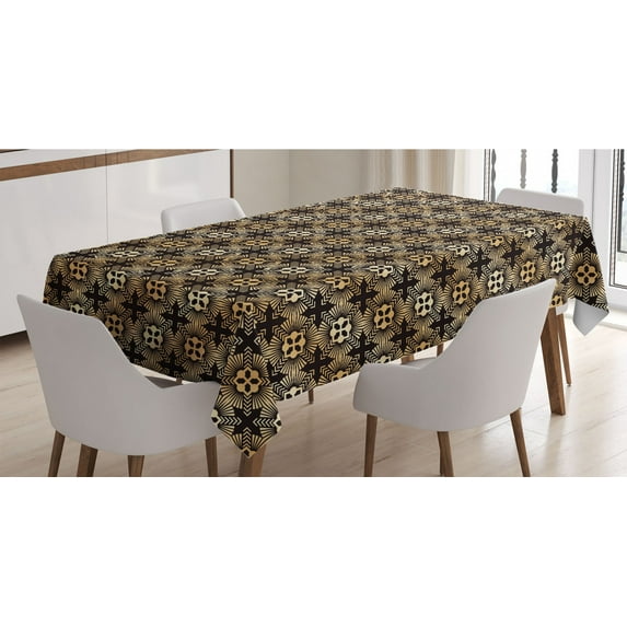 Art Deco Tablecloth, Palmette Circular Design with Square Details Dots Vintage Pattern, Rectangle Satin Table Cover Accent for Dining Room and Kitchen, 60" X 90", Sand Brown Seal Brown, by Ambesonne