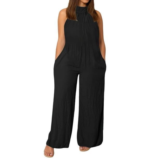 Monos informales para mujer tallas grandes: mono holgado sin mangas de color liso con bolsillos, pantalones anchos largos, mezcla de materiales, M-XXXL