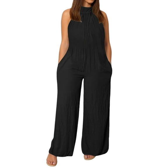 Plus Size Womens Casual Sleeveless Loose Solid Jumpsuits Baggy Stretchy Long Pant Romper Overalls With Pockets