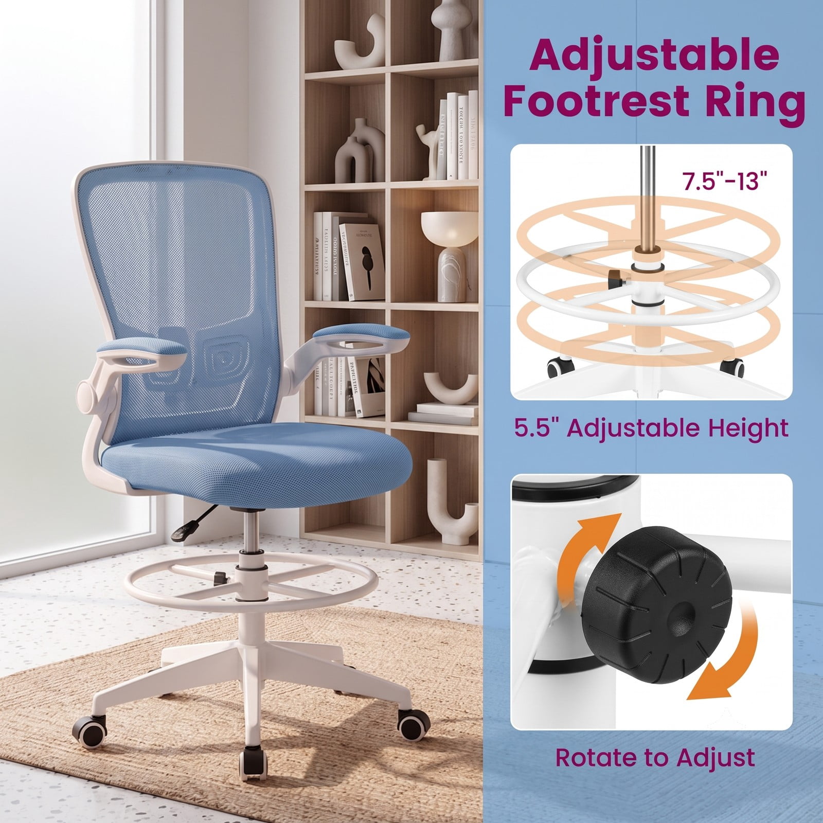 Furnibear Height Adjustable Drafting Chair with Flip-Up Arms for Home Office, Ergonomic Mesh Back Rolling Task Chair with Foot Ring and Lumbar Support, 360, Blue