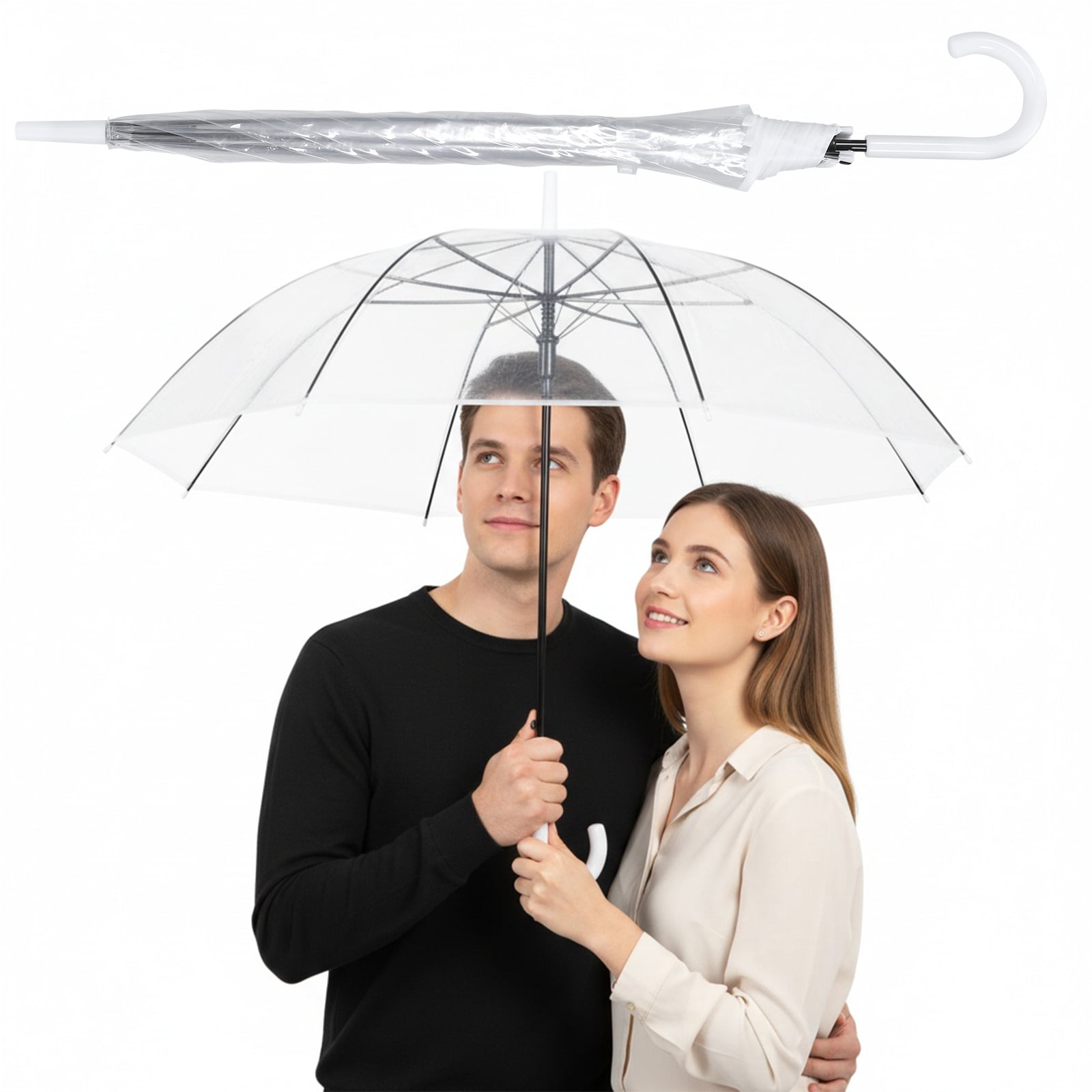 Qiyester 32-Pack Wedding Stick Umbrellas with J Hook Handle Auto Open Clear Umbrellas Bulk for Wedding Bride Groom Photography Golf Outdoor