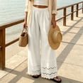 thumbnail image 4 of Karymi Capri Pants for Women Solid Linen Blend Palazzo Pants, High Waist Pleated Long Trousers, Scalloped Eyelet Lace Hem Beach Vacation Pants With Pocket Capri Pants for Women, 4 of 5