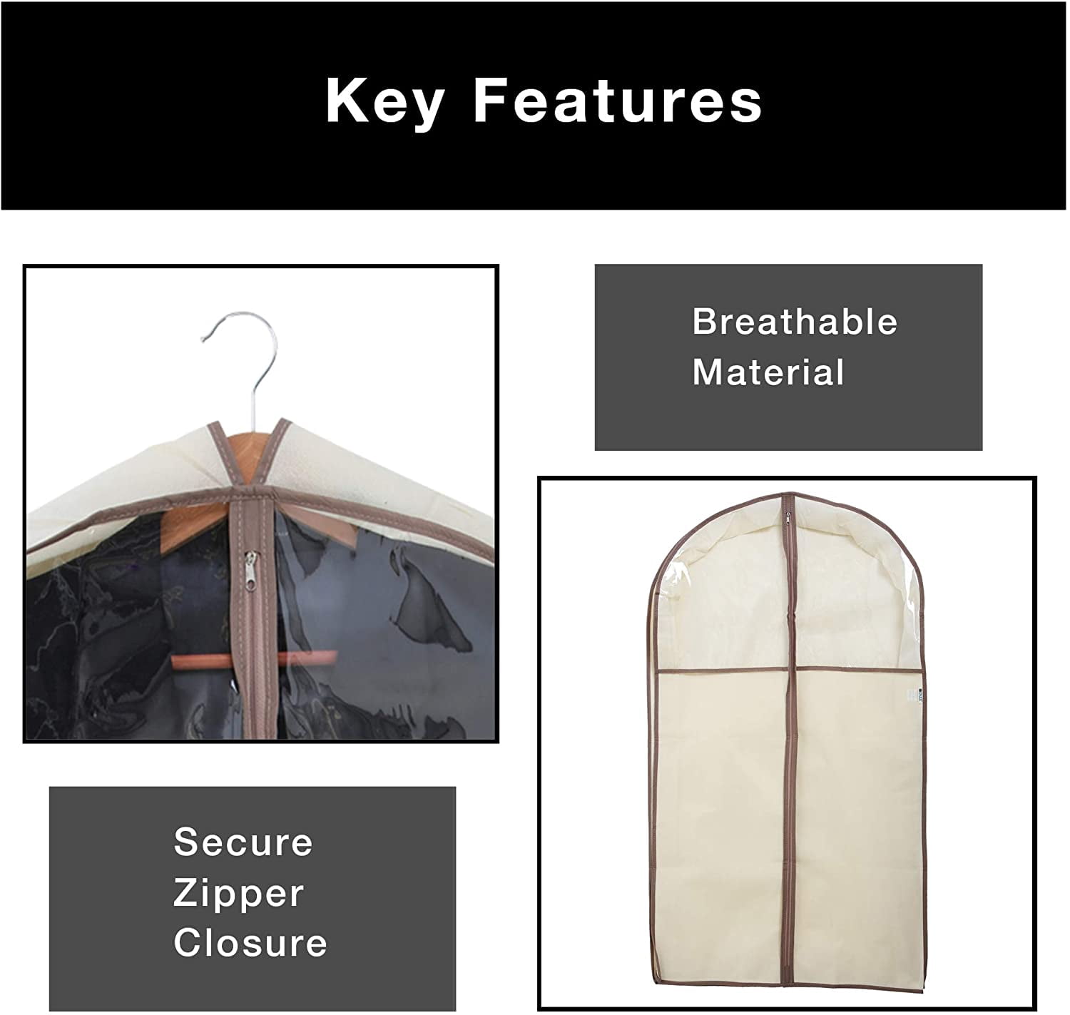 Smart Design Gusseted Garment Bag Hanger - 24 x 42 Inch - Clothing Storage Cover - Includes Zipper Closure and Travel Loop - Suits, Dresses Travel Closet Organization - Beige