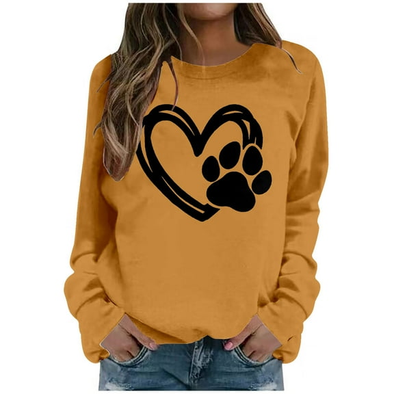 Arlun Womens Dog Mama Sweatshirts Dog Paw Printed Love Heart Graphics Long Sleeve Crewneck Pullovers Soft Comfortable Loose Thin Casual Hoodless Tops Yellow XL