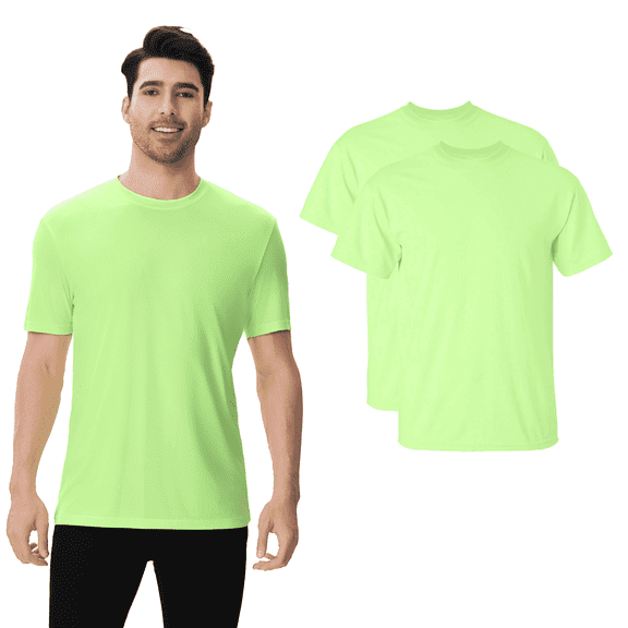 Mens High Visibility Safety Poly Shirts Short Sleeve Polyester T-Shirt, Hi Vis Work Safety Neon Green Shirts, 2 Pack S