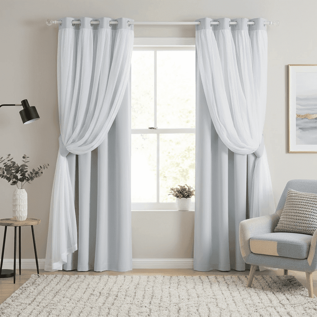 NICETOWN Blackout Double Layer White Curtains with Sheer for Bedroom Pravicy Grommet Solid Room Darkening Drapes, W52 x L84, Set of 2, Greyish White