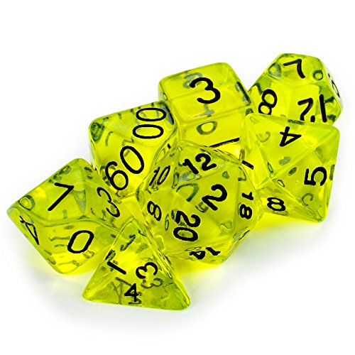 Wiz Dice 7 Die Polyhedral Dice Set - Boiled Bile (Translucent Yellow) with Velvet Pouch