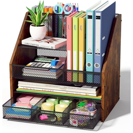 Wooden Desk Organizer - Mesh File Organizer with Drawers and Pen Holder - 4-Tier Vertical Paper Letter Storage Tray, Desktop Organizers and Accessories for Home Office