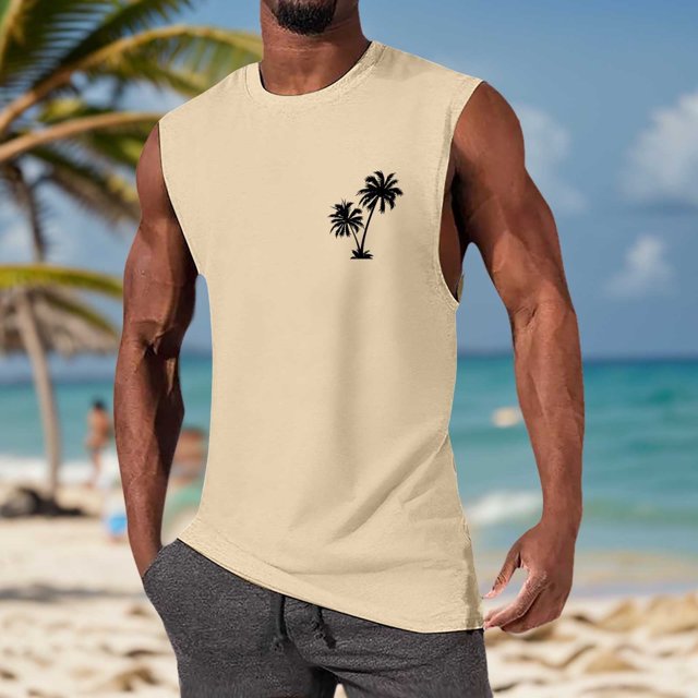 HUITKMM Mens Compression Tank Top Summer Fashion Men's Vest Coconut Pattern Shoulder Design Minimalist Style Sleeveless Top