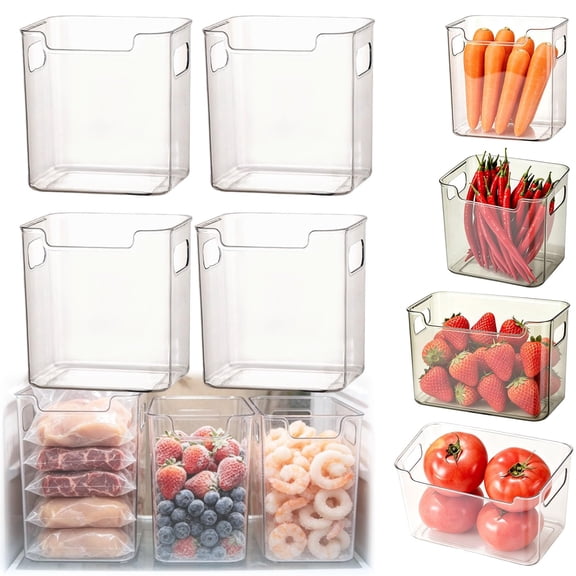 Crystal Clear Freezer Storage Bins, 4 Pack Clear Plastic Refrigerator & Pantry Bins, Stackable Kitchen Organizer with Handles