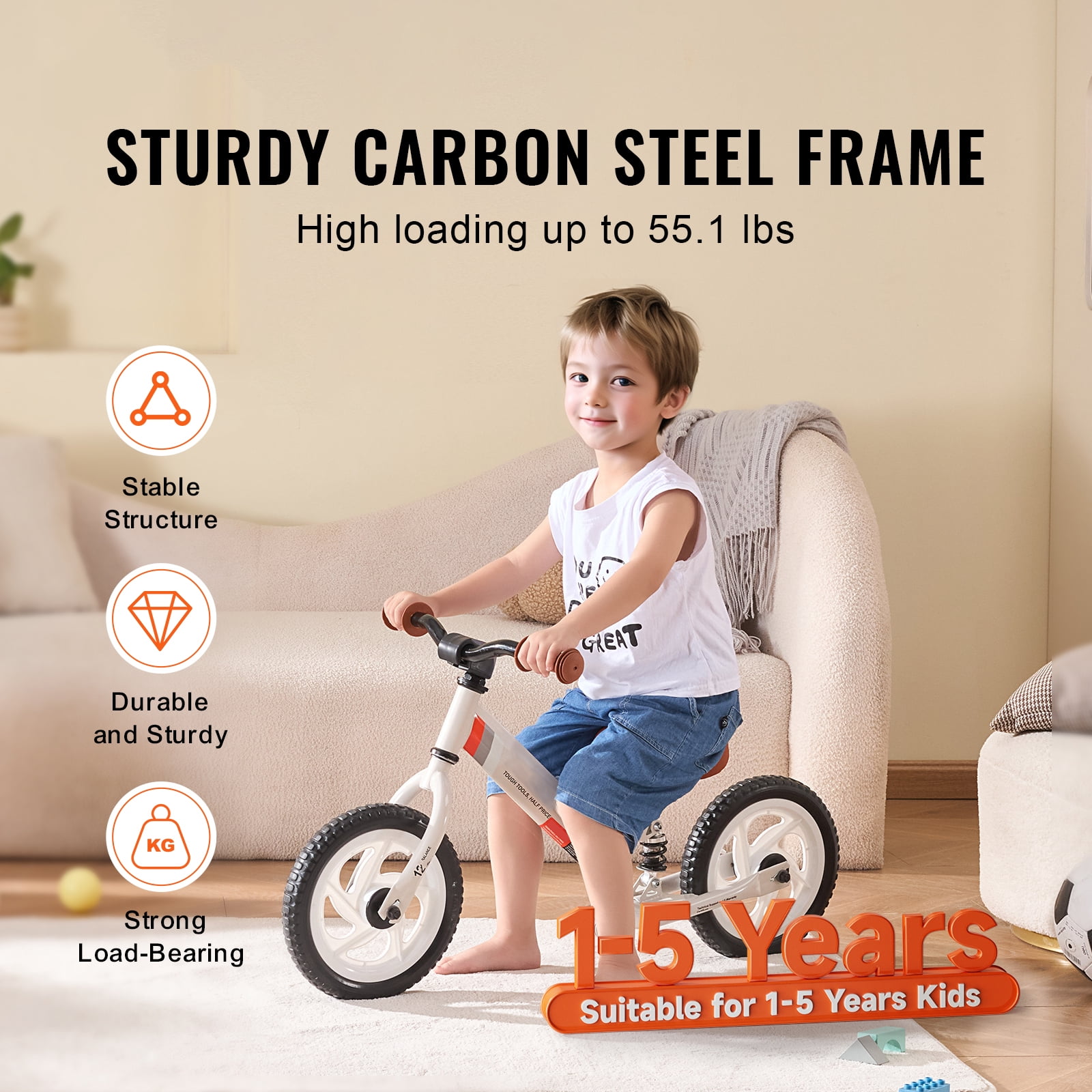 SKYSHALO Children's Balance Bike, 12" Durable Carbon Steel Frame, Adjustable Seat & Handle, EVA Foam Wheels, Pedal-less Training Bicycle for Kids Aged 1-5, Supports up to 55 lbs