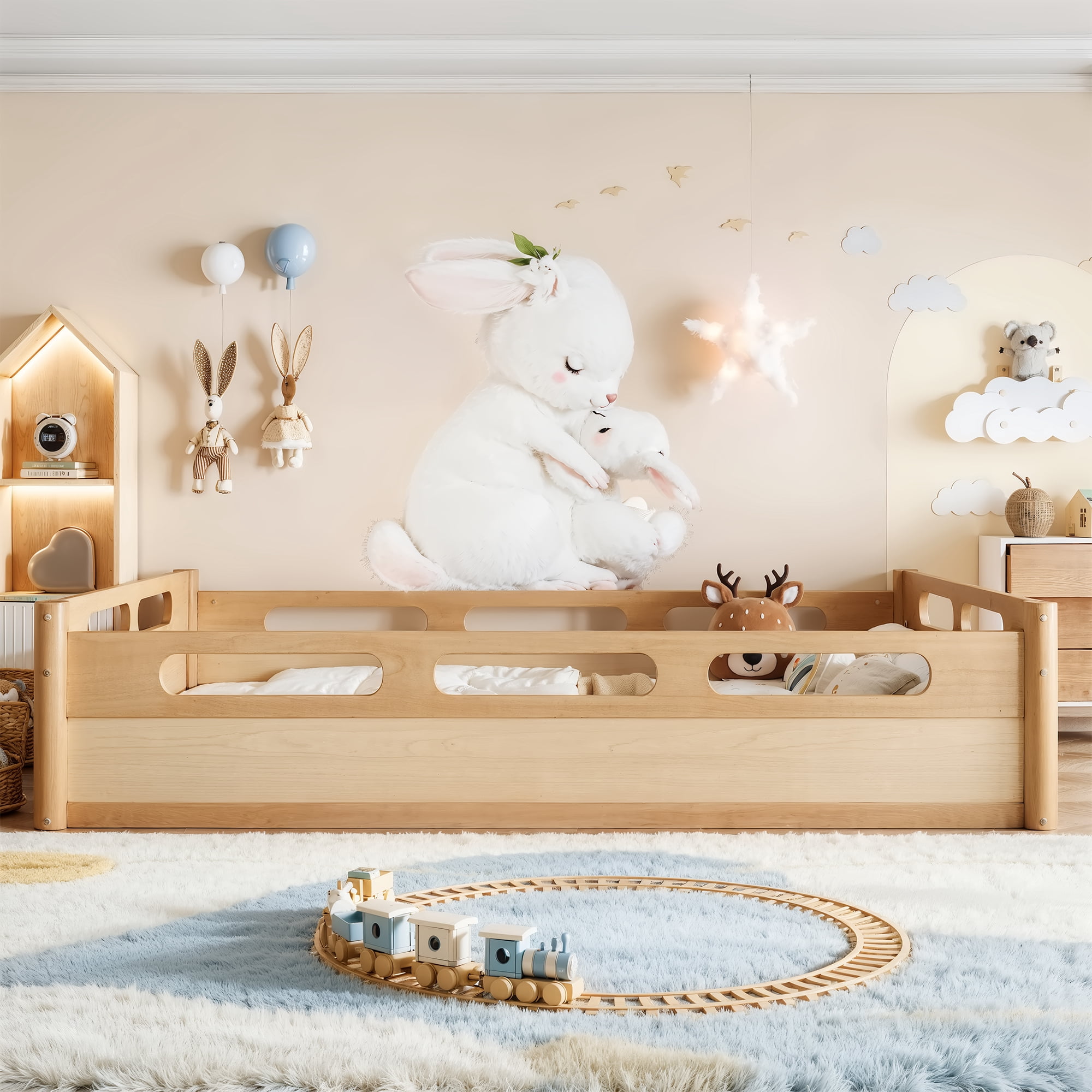 Leumius Queen Size Floor Bed with Full-length Guardrails,Low Profile Montessori Bed Frame,Easy Assembly, No Box Spring Needed,Natural