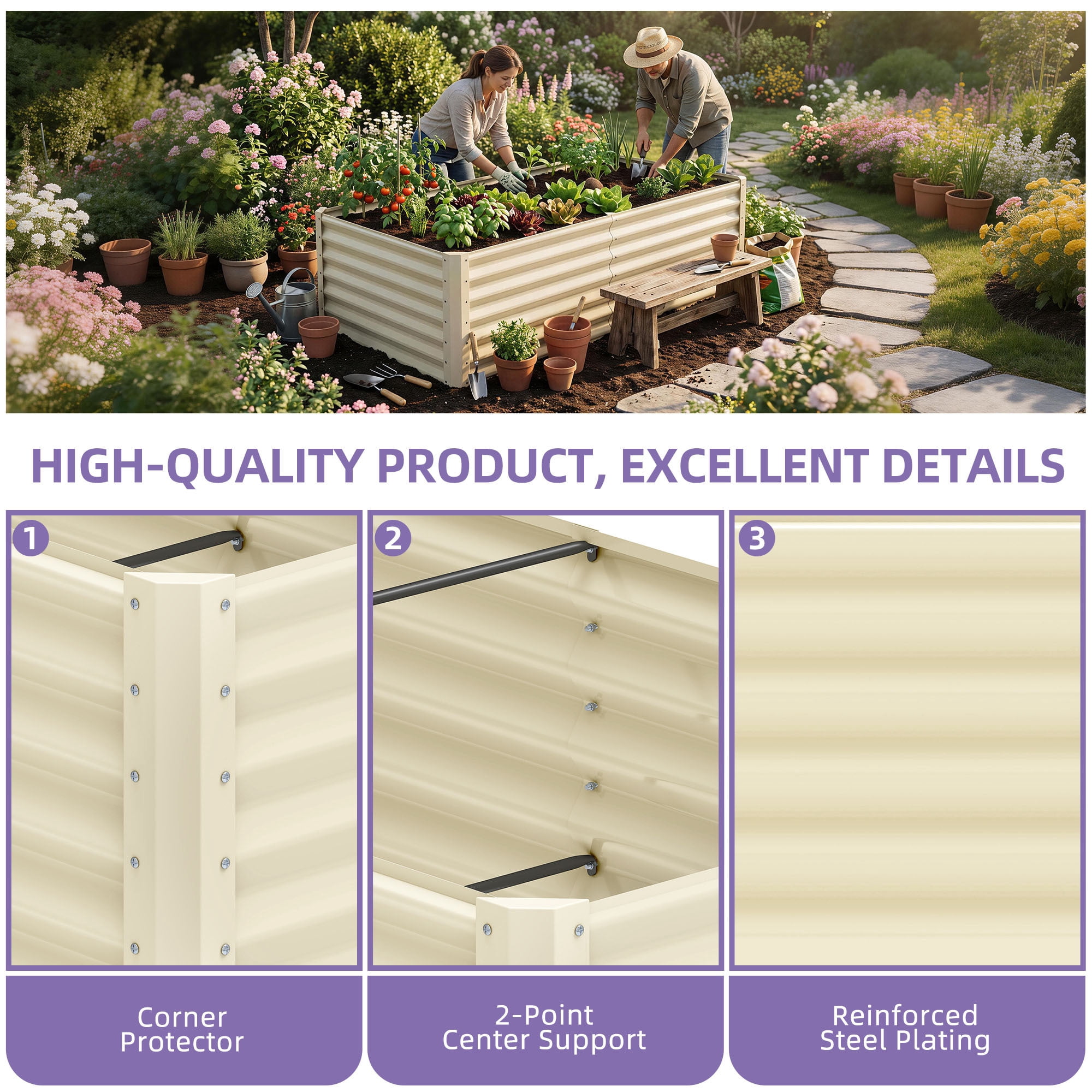 Uforic 6x3x3 Ft 1 Piece Galvanized Metal Raised Garden Bed Kit with Free Gloves Cream White