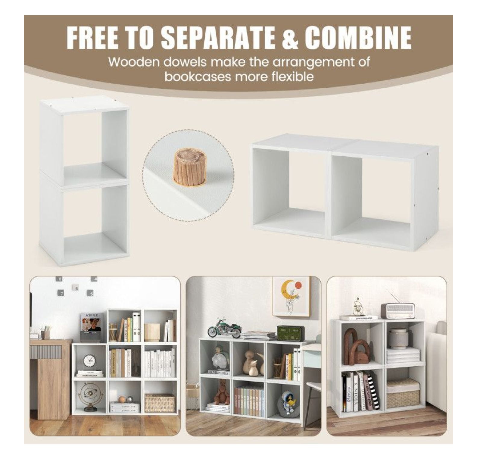 Cube Storage Organizer Set of 2, 15x15x13in Engineered Wood Bookcase, Living Room Bedroom Shelving Unit, Display Rack for Vinyl Records & Decor, White/Natural