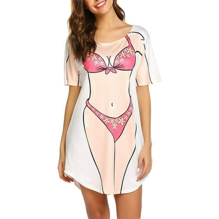 Springcmy Women s Bikini Shirt Cover Up Short Sleeve Cute 3D Bikini Print Swimwear Cover-Up Baggy T Shirt Dress Fun Wear Pink Flower S