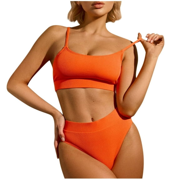 WREESH Womens Two Piece Swimsuit High Waisted Bikini Solid Color High Waisted Small Stripe Bikini Foreign Trade Swimsuit Beach Bathing Suit Orange