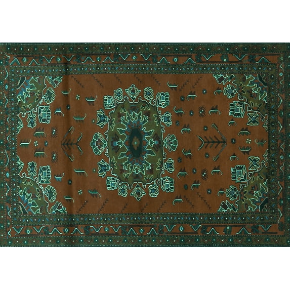 Ahgly Company Machine Washable Indoor Rectangle Medallion Turquoise Blue Traditional Area Rugs, 3' x 5'