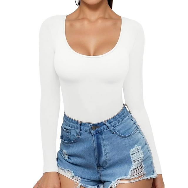 T-shirt Tunique à Encolure Dégagée à Manches Longues Coupe Ajustée pour Femmes Tee Blanc P