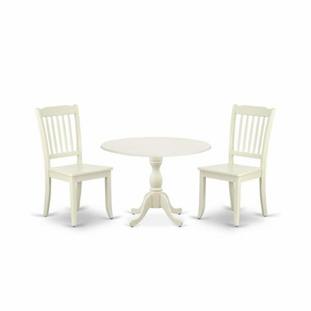 East West Furniture DMDA3-LWH-W 3 Piece Dining Table Set Consists of 1 Drop Leaves Wooden Dining Table and 2 Linen White Mid Century Modern Dining Chairs with Slatted Back – Linen White Finish