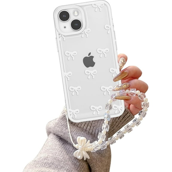 Case for iPhone 14, Clear Cute Ribbon Bowknot Aesthetic Phone Case with Charm Bracelet Chain Raised Camera Protection Stylish Soft Durable TPU Protective Cover for Women Girls - White