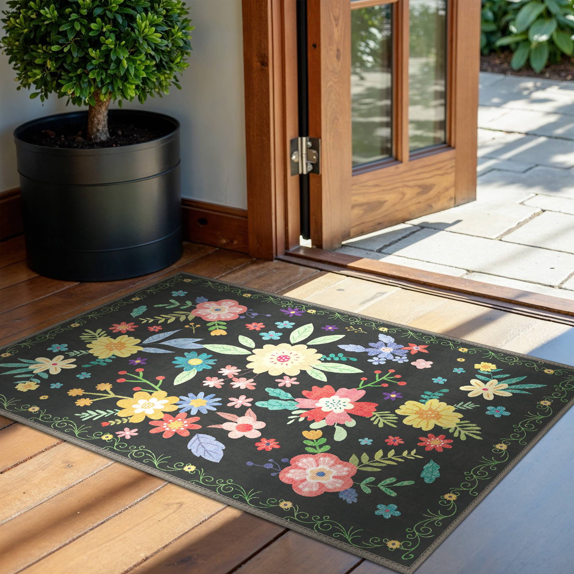 DEORAB 9'x 12' Outdoor Rug Chenille 3-Layers Patio Washable Mat Imitation Silicone Material Camping Garden RV Carpet,BLACK