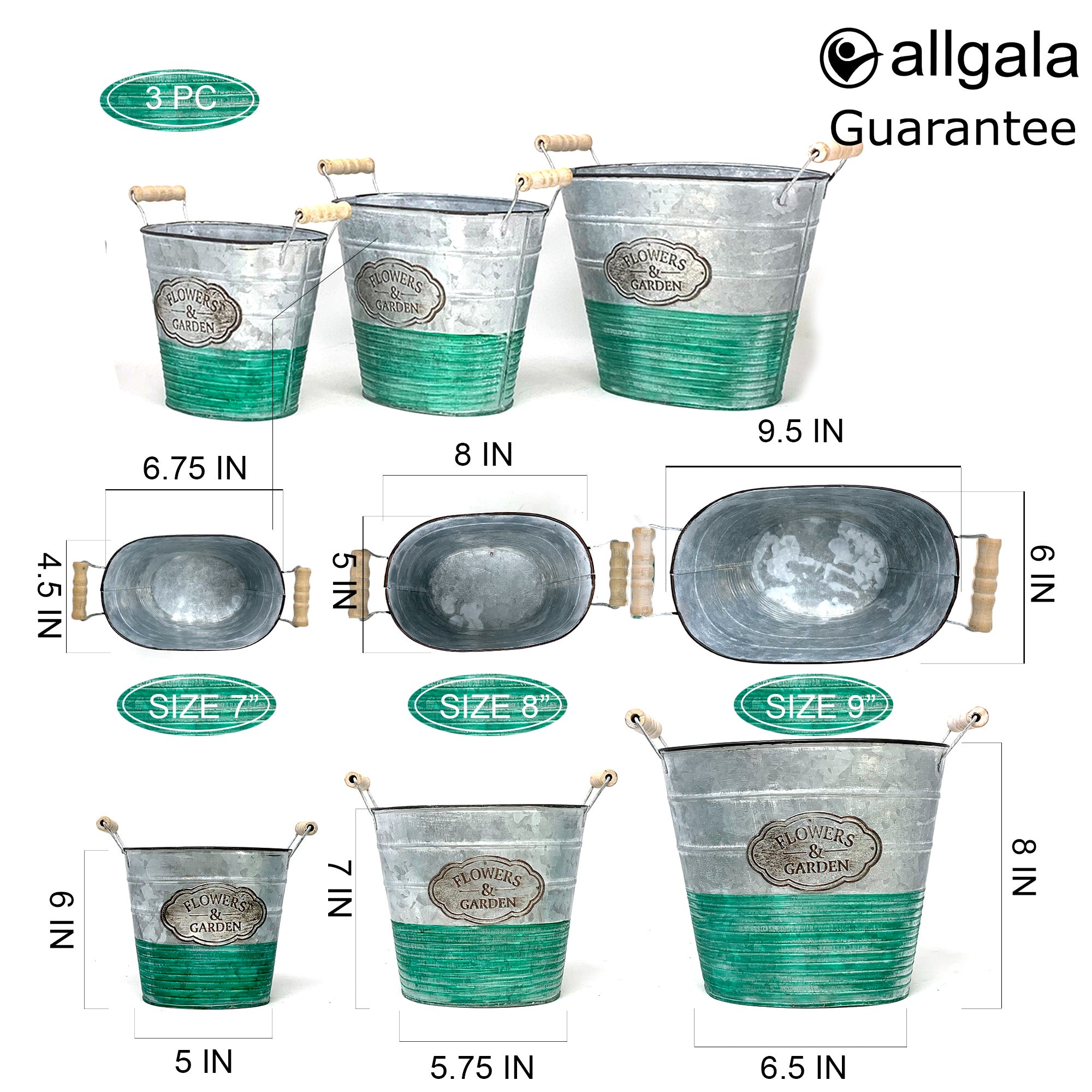 Allgala Galvanized Planter Pot Indoor and Outdoor Decoration-Oval-3-PC-HD88307