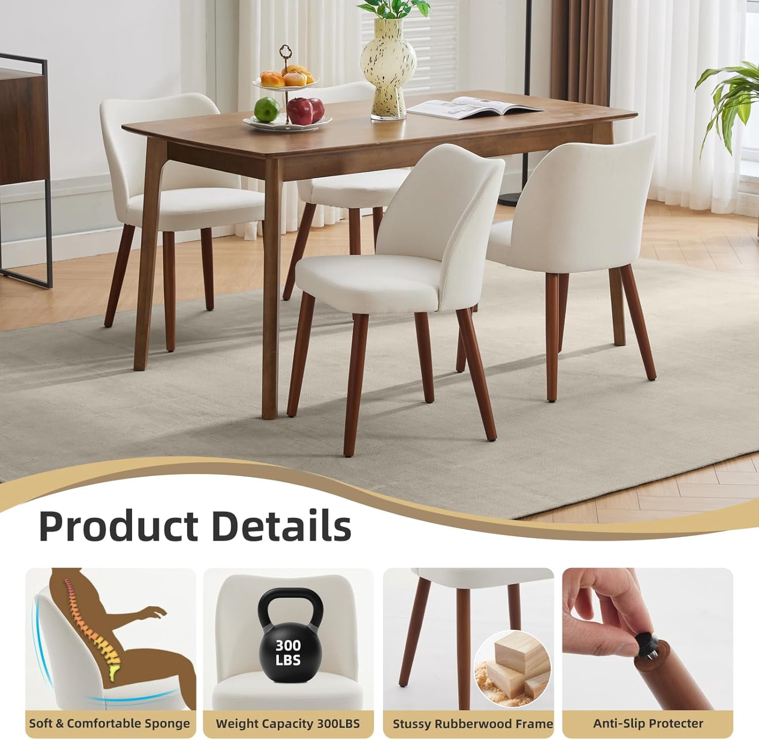 OUTGOODS Set of 2 Modern Dining Chairs, Linen Upholstered, Wood Legs