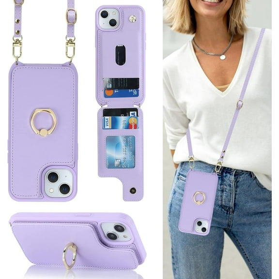 for iPhone 15 Case with Card Holder and Strap for Women,Crossbody Lanyard,Ring Stand,Snap Clasp,Phone Wallet Cases 6.1 inch(Purple)