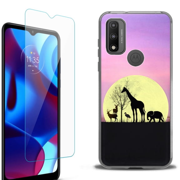 Slim-Fit Protective Phone Case (Black) compatible with Motorola Moto G Pure 5G, with Tempered Glass Screen Protector, by OneToughShield ® - Moonlight Safari