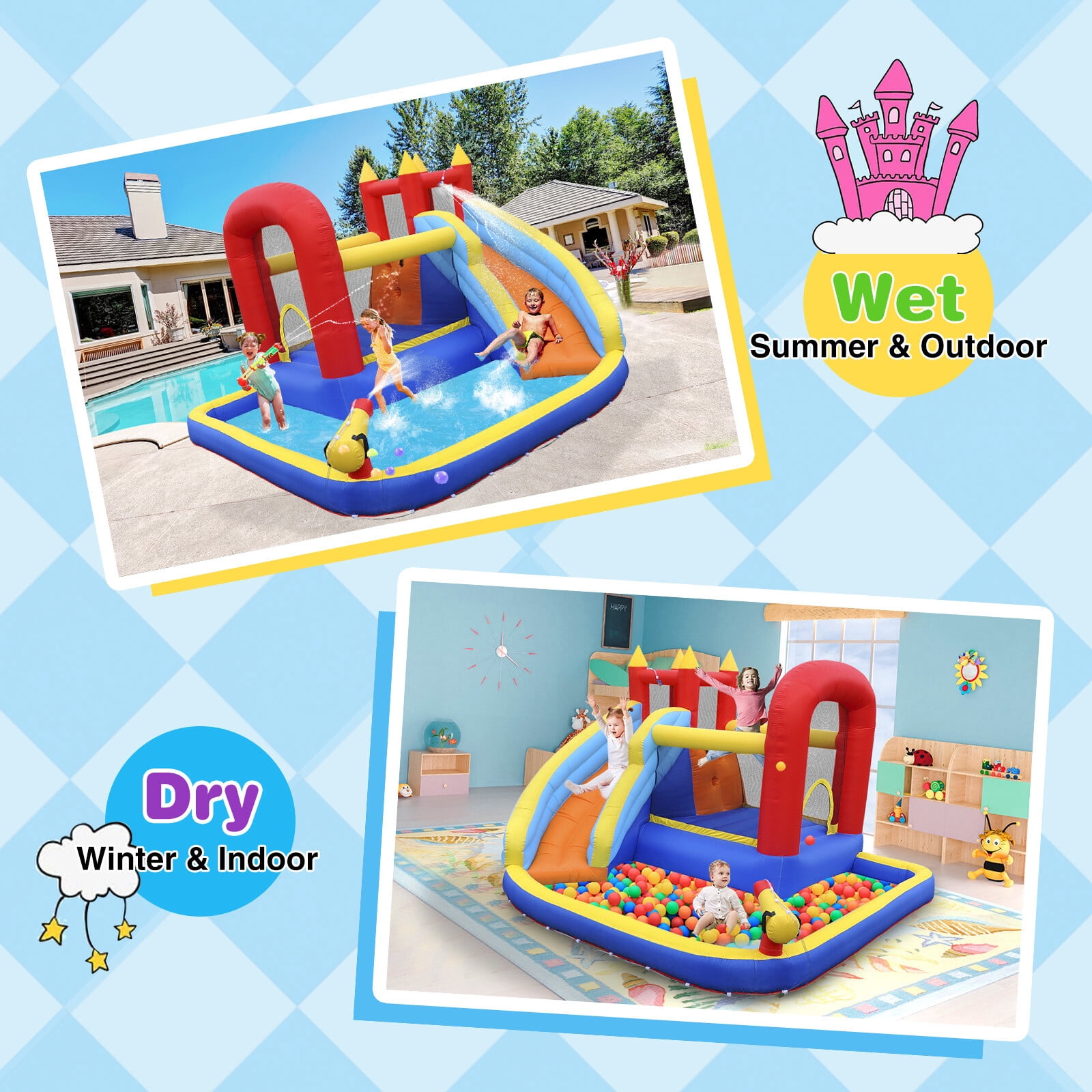 JOYLDIAS Kids Inflatable Water Slide Bounce House Splash Pool,Jumping Climbing with Air Blower,Water Guns
